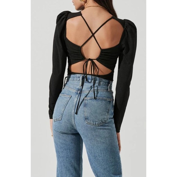 ASTR The Label Medium Rib Multi Back Cutout Bodysuit In Black Long Puff Sleeve - Picture 5 of 16